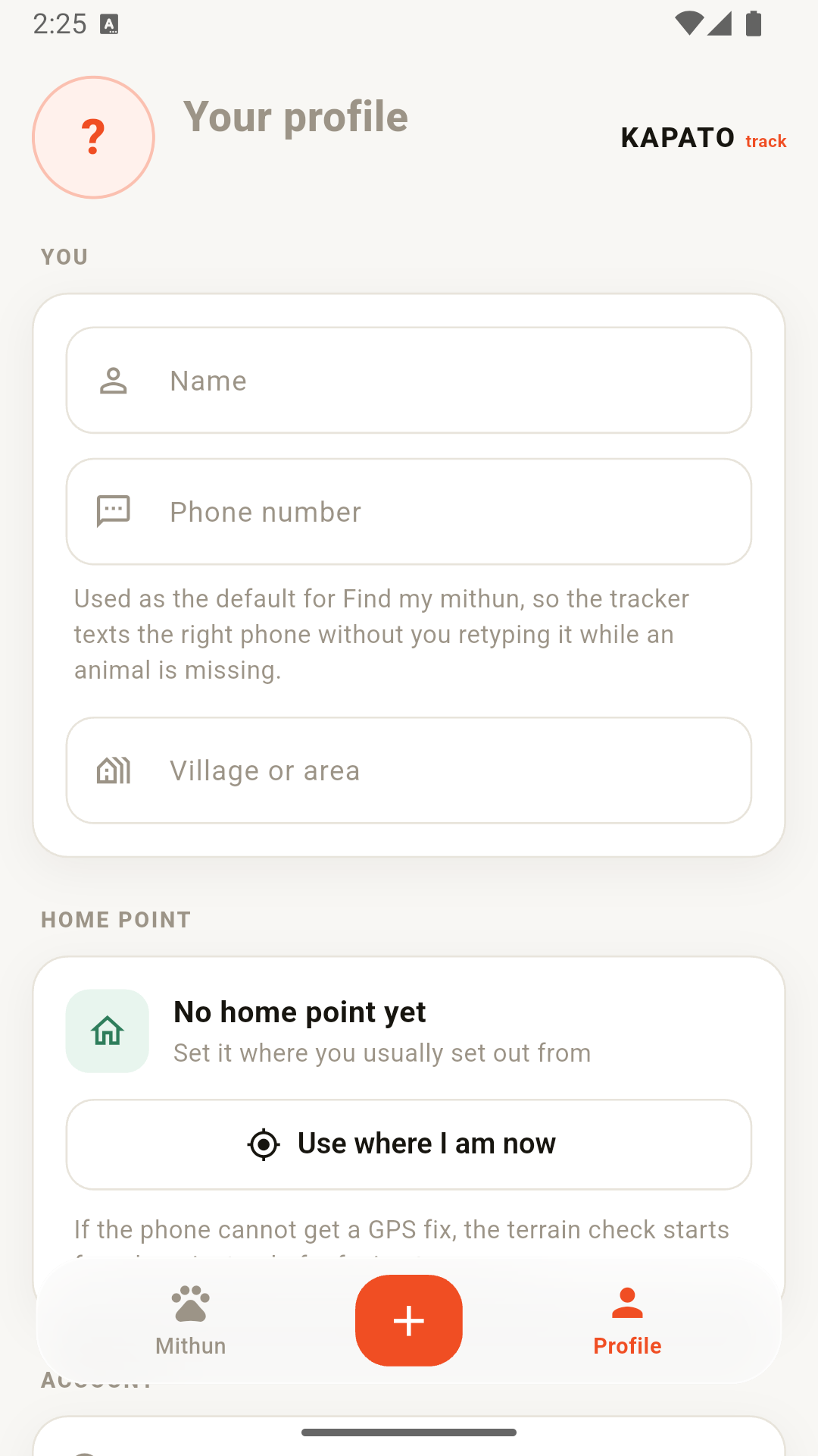 Profile screen with phone number and home point